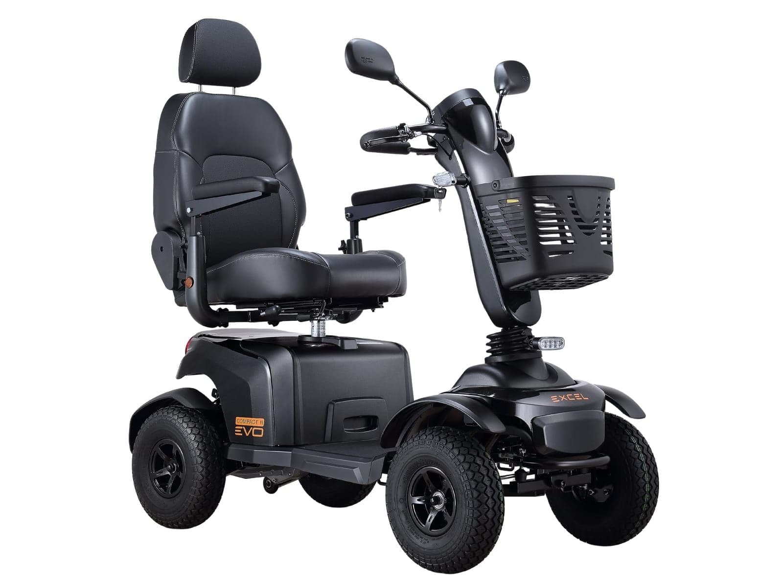 Excel Compact II Evo mobility scooter in black, with a headrest, front basket and mirrors