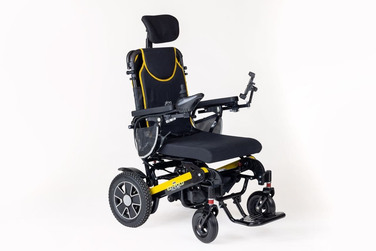 Monarch Ezi-Fold Auto folding powerchair with a headrest and yellow-and-black frame