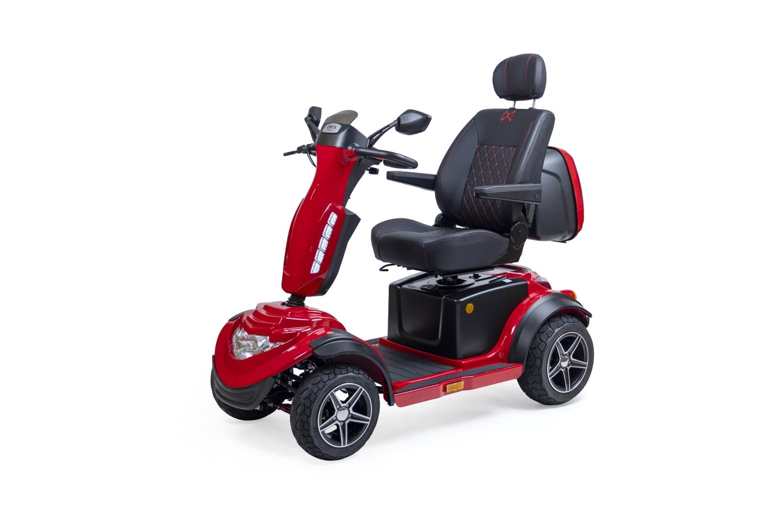 Monarch Onyx mobility scooter in red with a captain's seat and rear-view mirrors