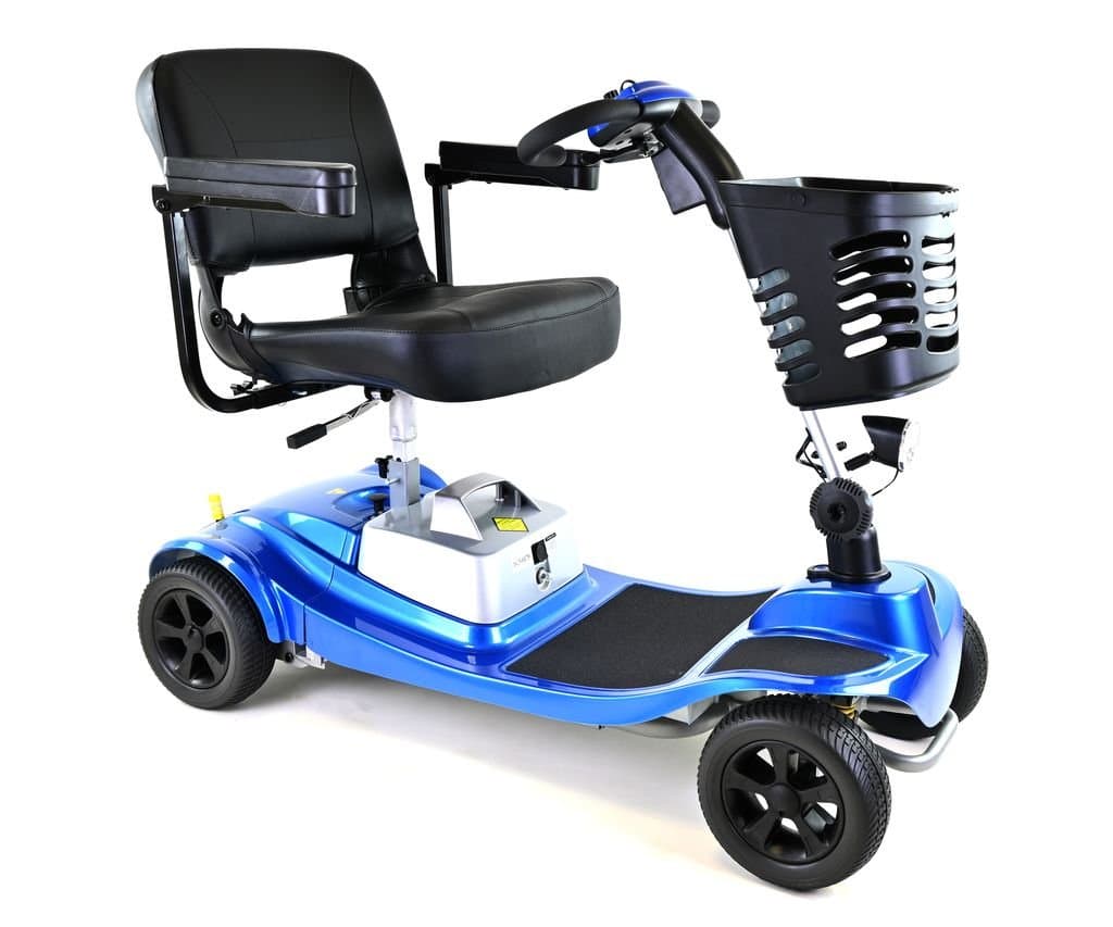 One Rehab Marlin boot scooter in blue with a front basket