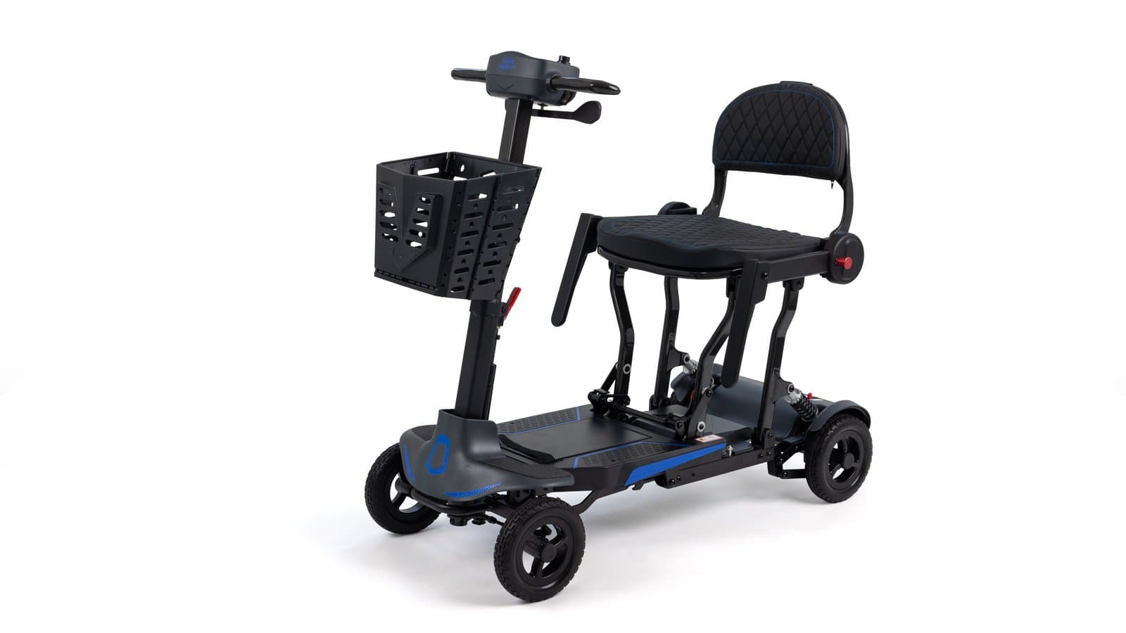 Super Carbon Lite lightweight folding mobility scooter in black with a front basket