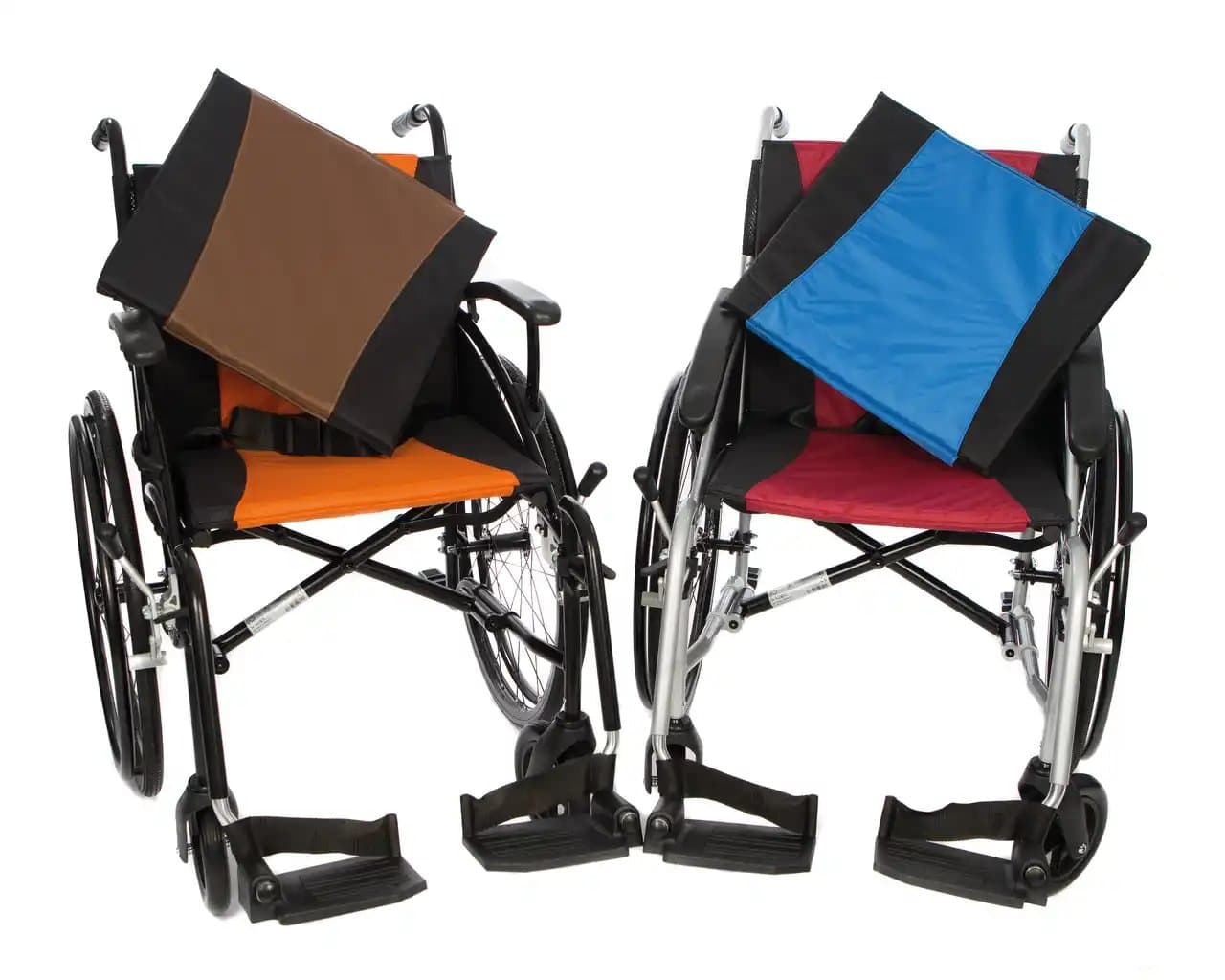 Two folding wheelchairs, one with a brown-and-orange seat and one in blue-and-red